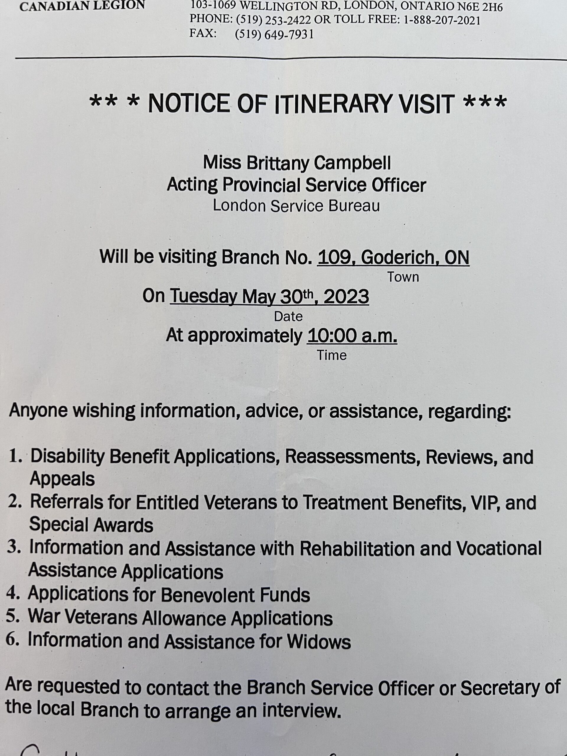 Notice of Itinerary Visit – May 30